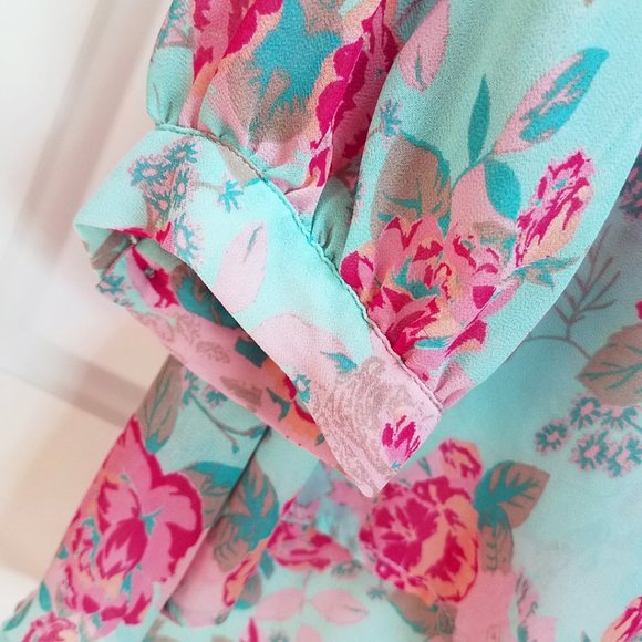 Forever 21 Women's Hi Lo Semi Sheer Turquoise Floral Shirt Top Blouse Cover Up - Picture 5 of 13